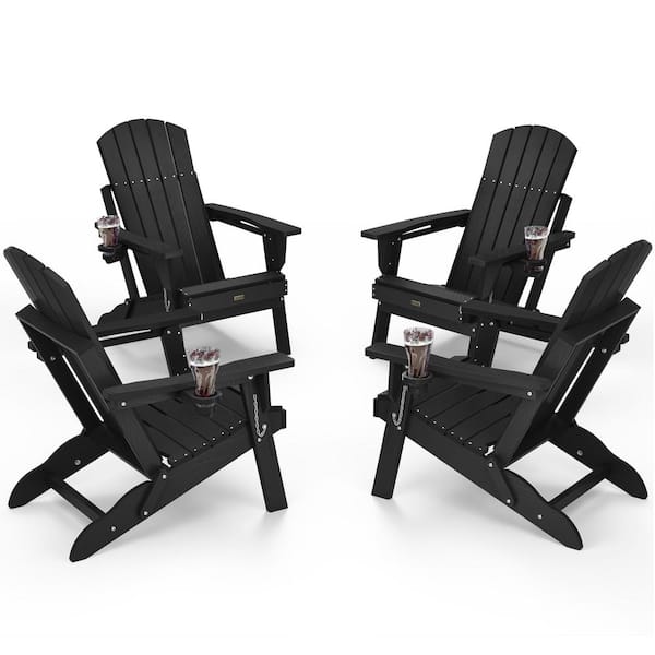 Mximu Black HDPE Outdoor Folding Plastic Adirondack Chair with Cupholder(4-Pack)