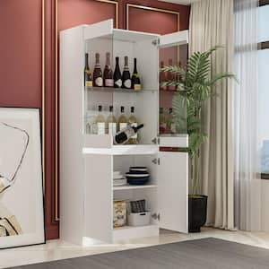 White Wood Kitchen Wine Cabinet Bar Kitchen Food Pantry With Tempered Glass Doors, 3 Color Light