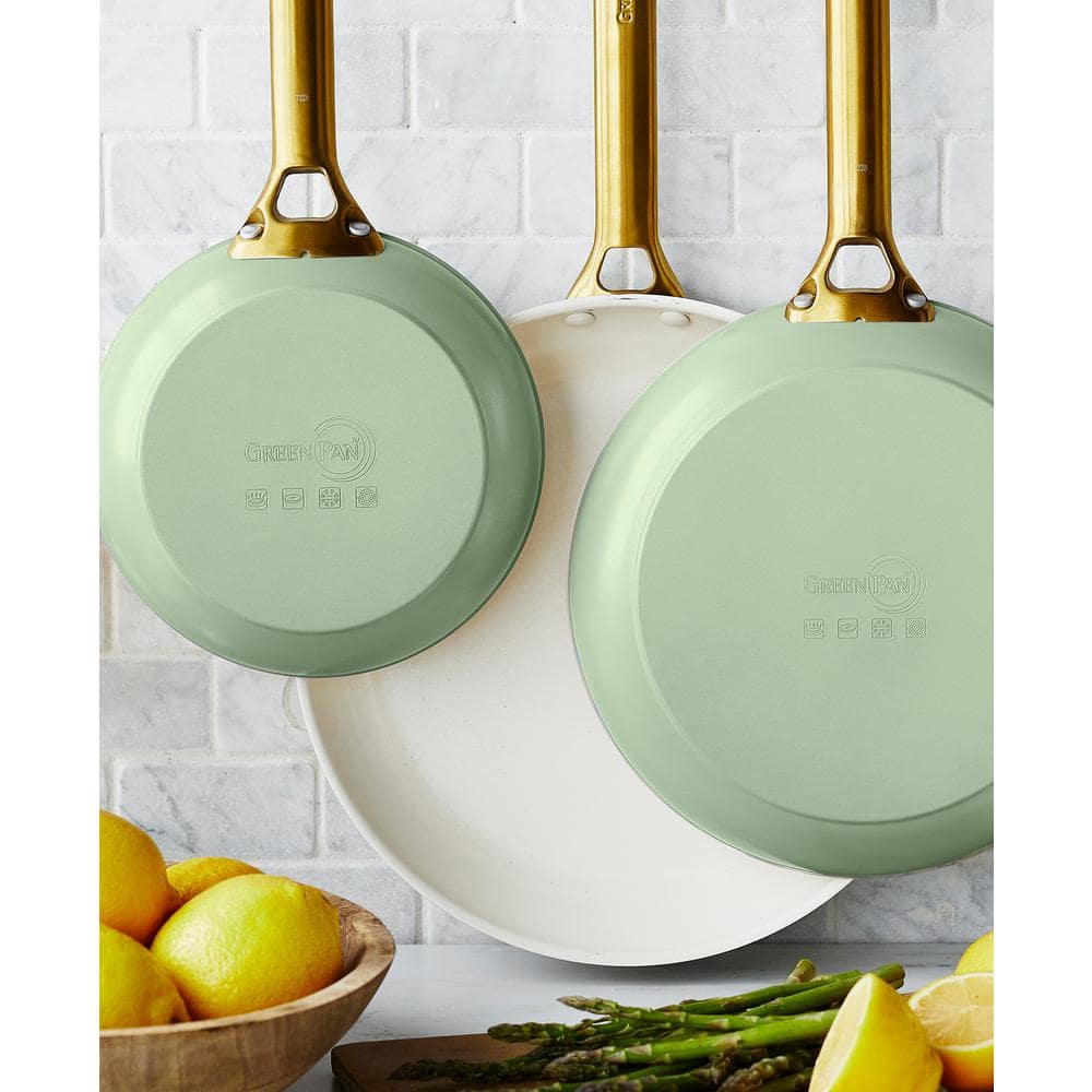 Sage Green Aluminum Ceramic Nonstick Fry Pan Set with Gold Handles
