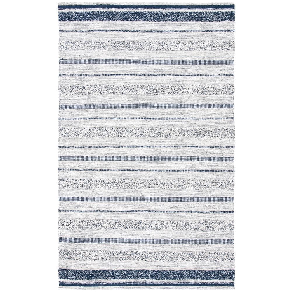 Ivory and Navy Handwoven Wool-Cotton Kilim Area Rug 59 in x 8 in