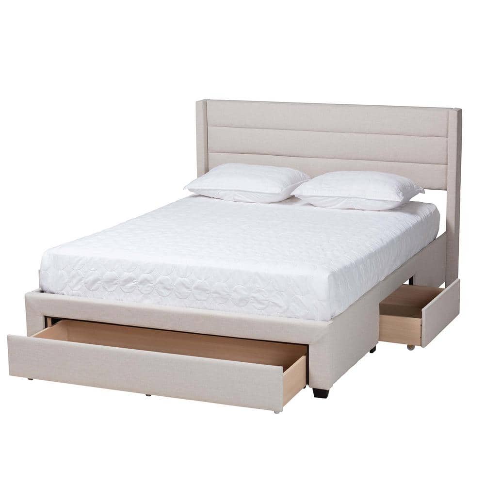Beige and Dark Brown Upholstered Full Storage Platform Bed with Drawers
