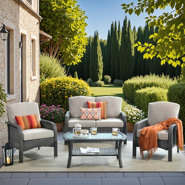 weaxty W Hyacinth Gray 4-Piece Wicker Patio Outdoor Conversation Seating Set with a Coffee Table and Beige Cushions
