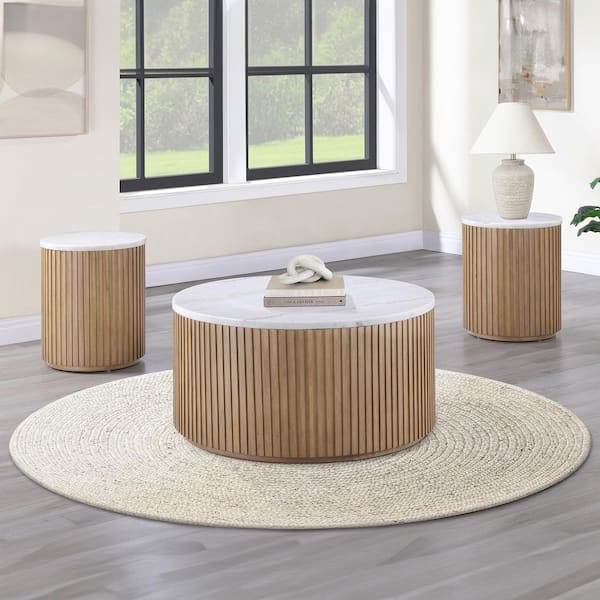 Colvin 36" White Marble Round Brown Coffee Table with 2 End Tables, 3 Piece Set