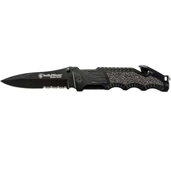 SMITH & WESSON Border Guard 10 in. Liner Lock Folding Knife with 4.375 in. Partially Serrated Drop Point Blade Aluminum Handle