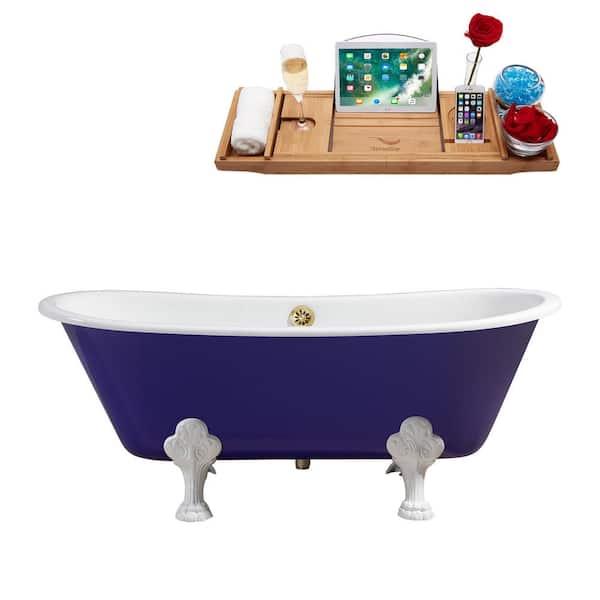 Streamline 66.9 in. Cast Iron Clawfoot Non-Whirlpool Bathtub in Glossy Purple with Polished Gold Drain and Glossy White Clawfeet