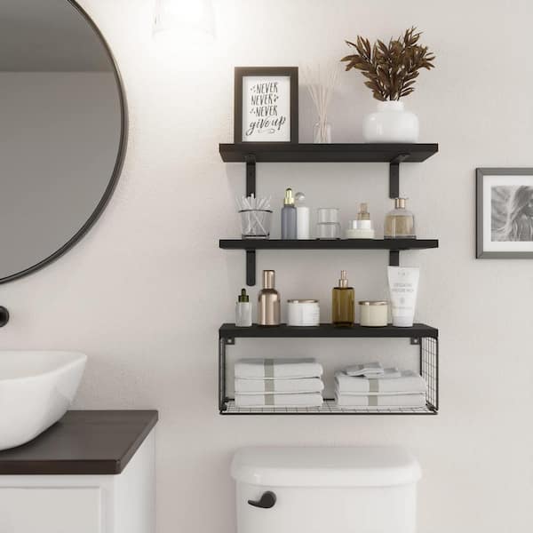 LUDORU Black Wall Shelves with Hooks - 3 Tier Nature Wood Bathroom Floating  Shelves Wall Mounted, Bathroom Wall Shelf Over Toilet with Wire Storage
