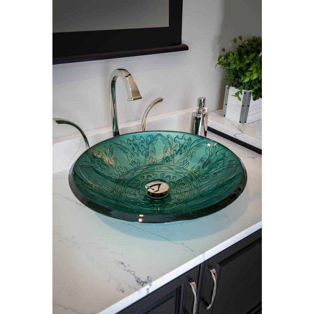 Teal Embossed Tempered Glass Circular Vessel Sink