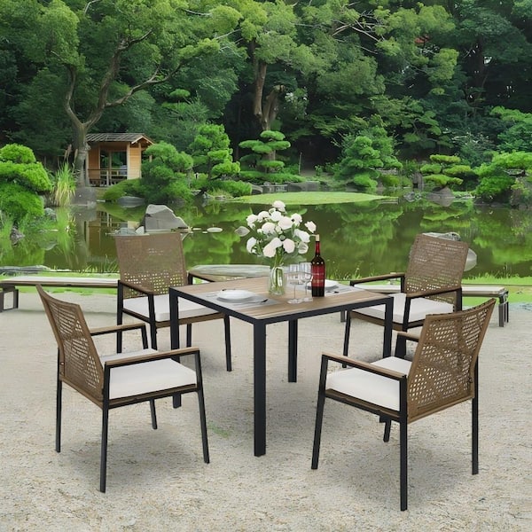 acacia wood outdoor dining table patio with umbrella hole JARDINA & Rope Set for 6, 63" & Tapered Legs Extendable Dining table ANGELES HOME 7-Piece Acacia Wood