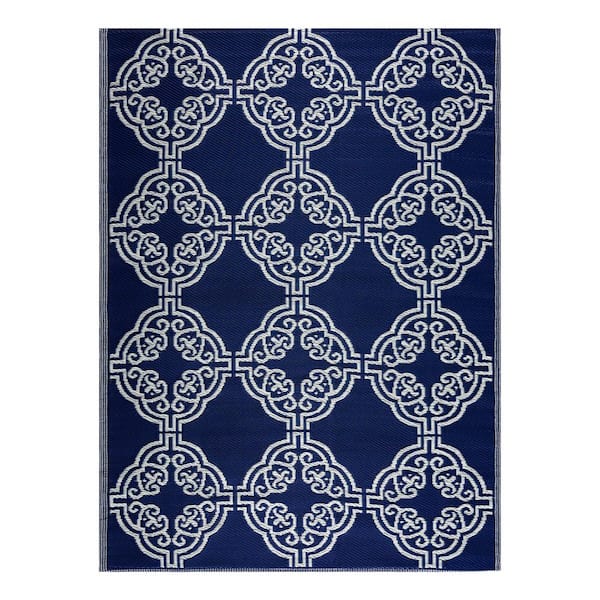 PLAYA RUG Marrakech Navy Creme 6 ft. x 9 ft. Reversible Recycled Plastic Indoor/Outdoor Area Rug-Floor Mat