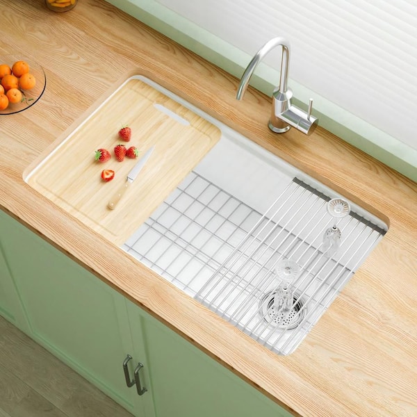 Workstation Kitchen Sink 33 in. Drop-In Single Bowl White Fireclay Sink with Cutting Board Bottom Grid and Offset Drain