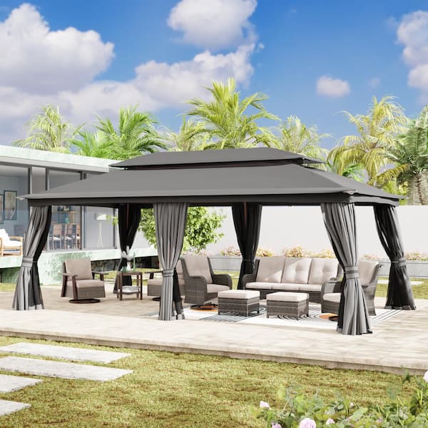 20 ft. x 10 ft. Outdoor Patio Double Vented Roof Gazebo with Gray Curtains and Mosquito Netting