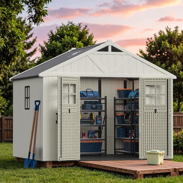 10 ft. W x 8 ft. D Outdoor Storage Resin Shed with Floor, Windows and Lockable Doors(80 sq. ft.)