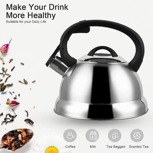 Creative Home 2.3 qt. Stainless Steel Whistling Tea Kettle Teapot with Ergonomic Wood Rubber Touching Handle, Satin Finish 11268