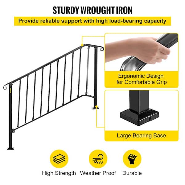 VEVOR 4 ft. Handrails for Outdoor Steps Fit 4 or 5 Steps Outdoor Stair Railing Wrought Iron Handrail with baluster, Black
