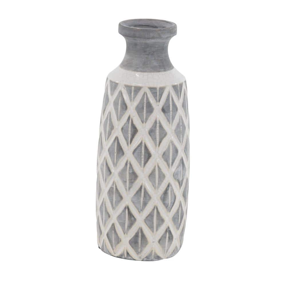 Gray Ceramic Coastal Round Table Vase with Diamond Pattern