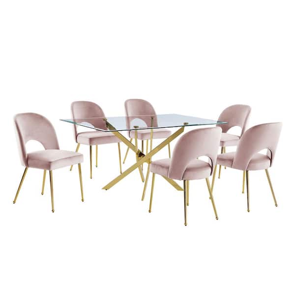 Best Quality Furniture Olly 7-Piece Tempered Glass Top Gold Cross Legs Base Dining Set Pink Velvet Fabric Chairs Set Seats-4