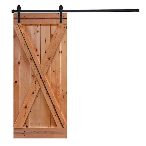 AIOPOP HOME Modern X Style Series 42 in. x 84 in. Mahogany Red stained Knotty Pine Wood DIY Sliding Barn Door with Hardware Kit