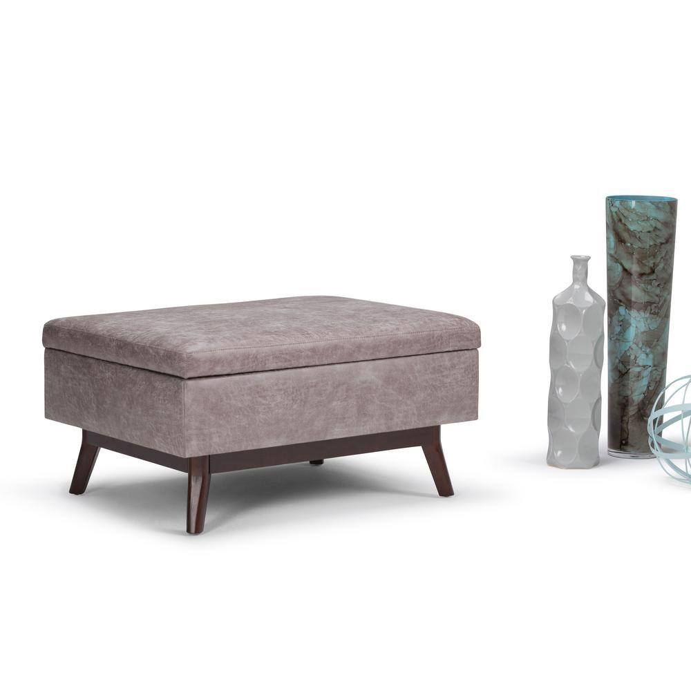 Mid-Century Modern Distressed Gray Taupe Wood Storage Ottoman