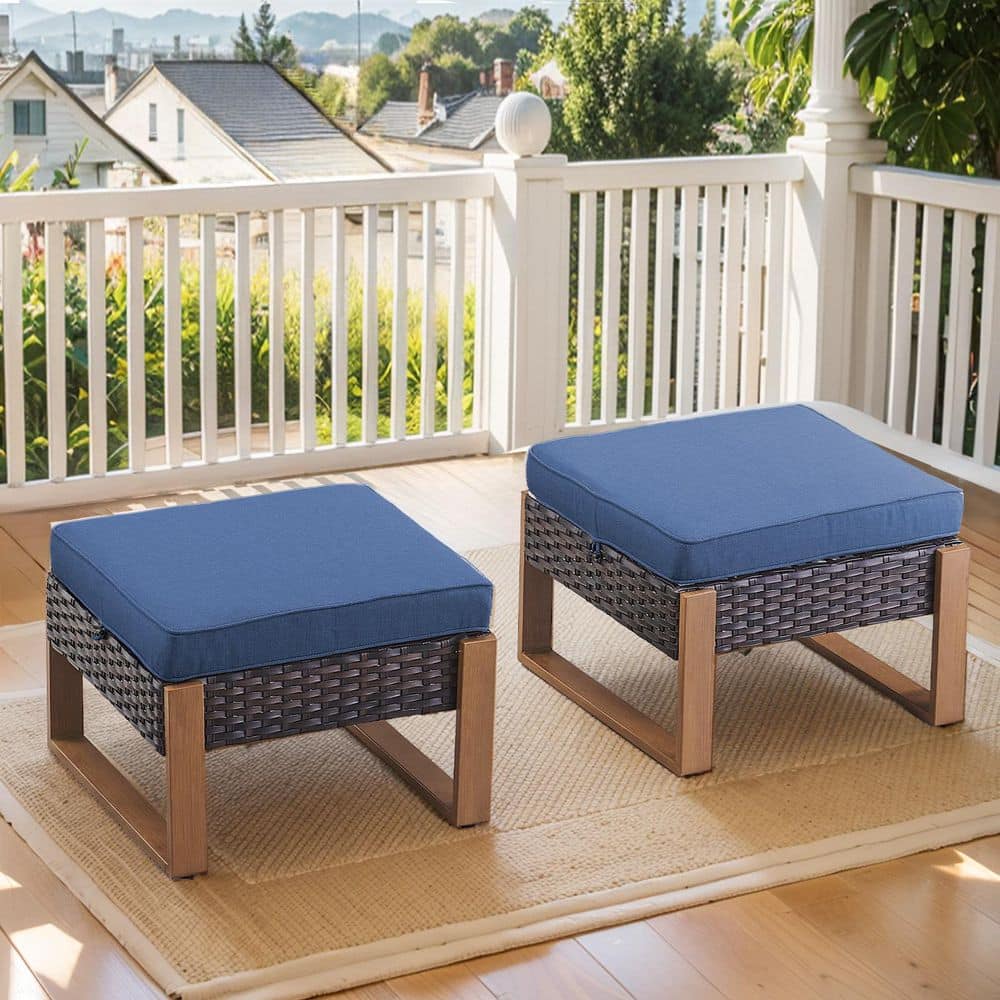 CubeEdge Brown Wicker Outdoor Ottoman with Removable Olefin Blue Cushions Patio Footrest (2-Piece) price history on PriceWatchPro