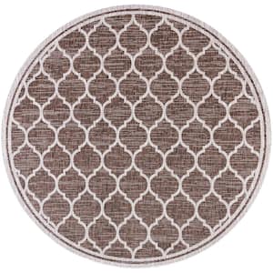 Trebol Moroccan Trellis Textured Weave Espresso/Taupe 4 ft. Round Indoor/Outdoor Area Rug