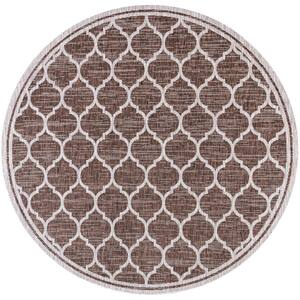 Trebol Moroccan Trellis Textured Weave Espresso/Taupe 6' Round Indoor/Outdoor Area Rug