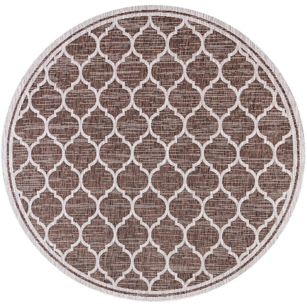 Trebol Moroccan Trellis Textured Weave Espresso/Taupe 8 ft. Round Indoor/Outdoor Area Rug