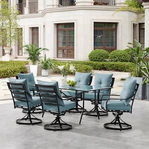 Lavallette 7-Piece Steel Outdoor Dining Set with Ocean Blues Cushions, Swivel Rockers and a Glass-Top Table
