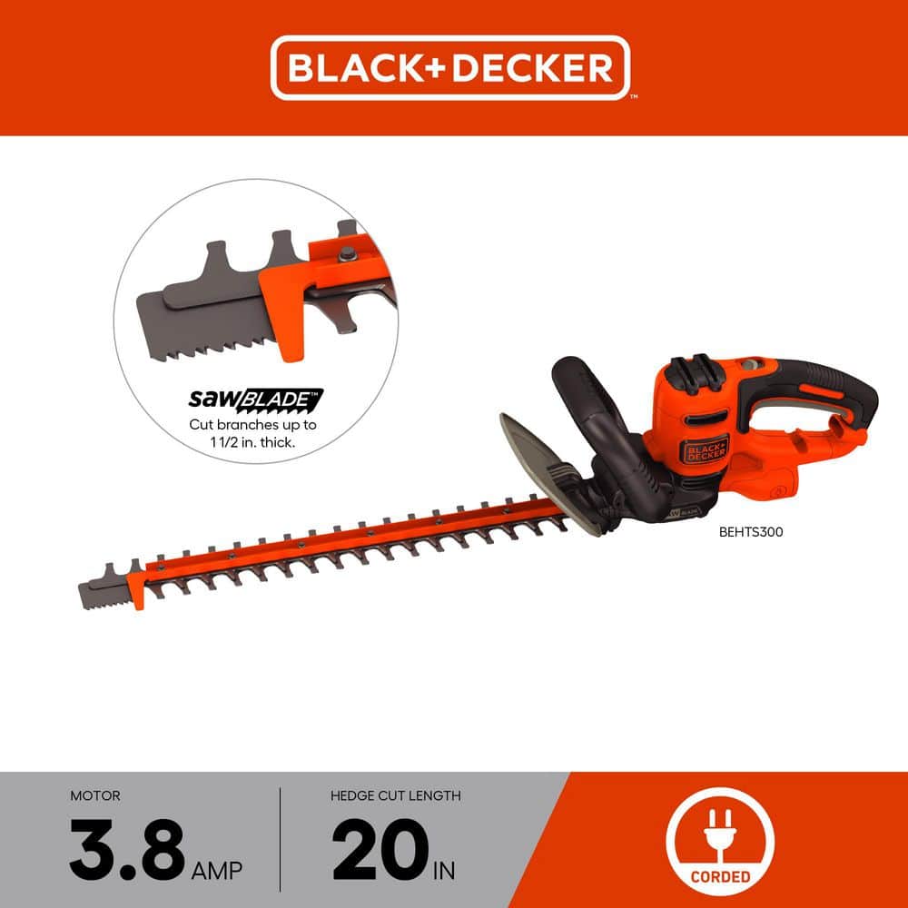 BLACK+DECKER 20 in. 3.8 AMP Corded Dual Action Electric Hedge Trimmer with Saw Blade Tip BEHTS300