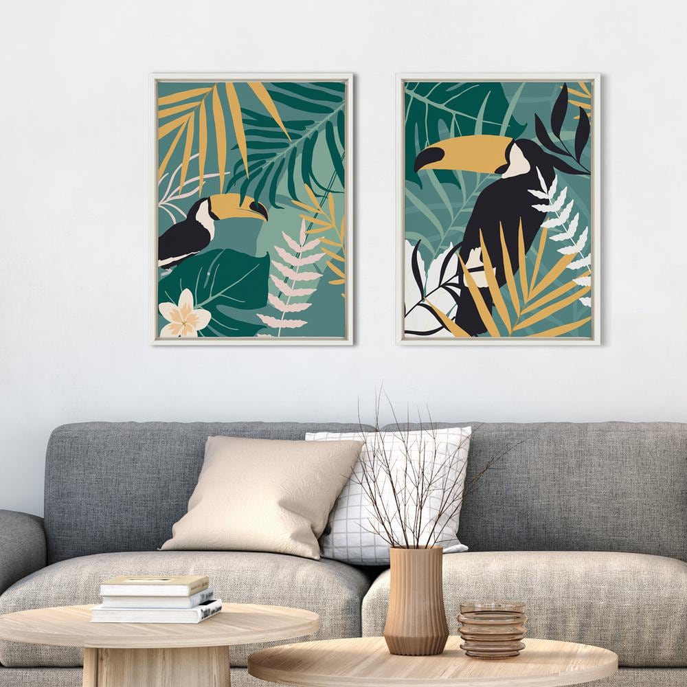 Tropical Toucan Abstract Canvas Art Set with White Frame