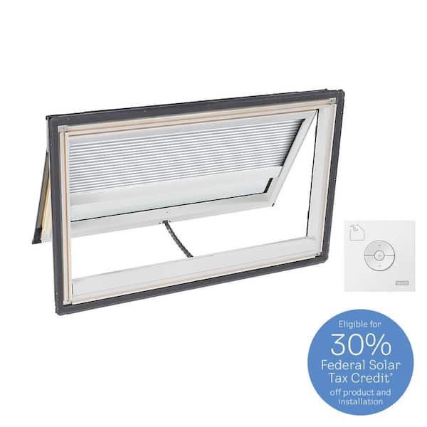VELUX 44-1/4 in. x 26-7/8 in. Solar Powered Venting Deck Mount Skylight w/ Laminated Low-E3 Glass & White Room Darkening Blind