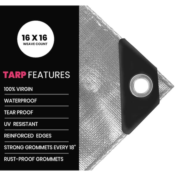 16 ft. x 20 ft. Silver/Black 22 Mil Heavy Duty Polyethylene Tarp, Waterproof, UV Resistant, Rip and Tear Proof