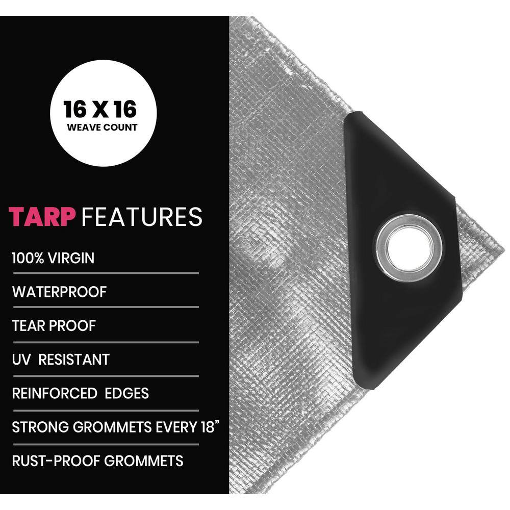 Silver/Black 12' x 20' Heavy Duty Waterproof Poly Tarp