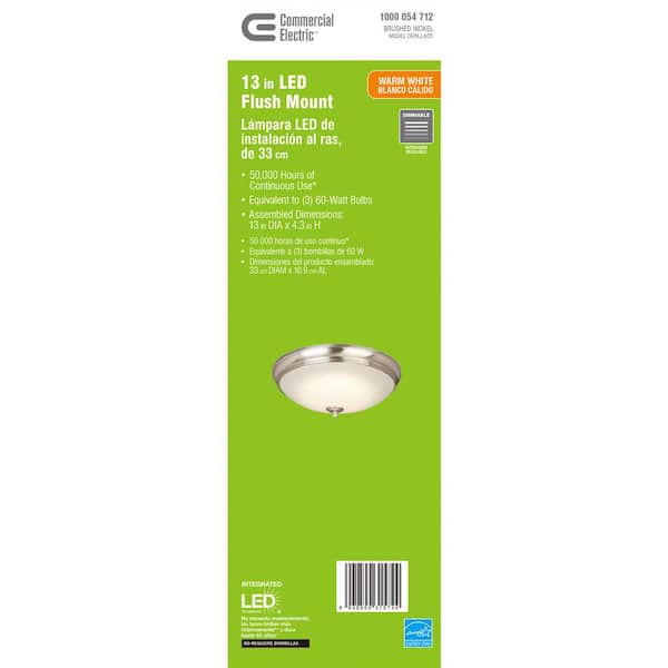 Commercial Electric - 13 in. 60-Watt Equivalent Brushed Nickel Integrated LED Flush Mount with White Glass Shade