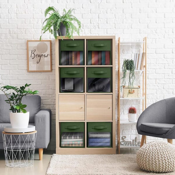 Foldable Storage Cubes with Handles and Clear Window, Dark Green 10.5 in. x 11 in. Fabric Decorative Basket (Set of 6)