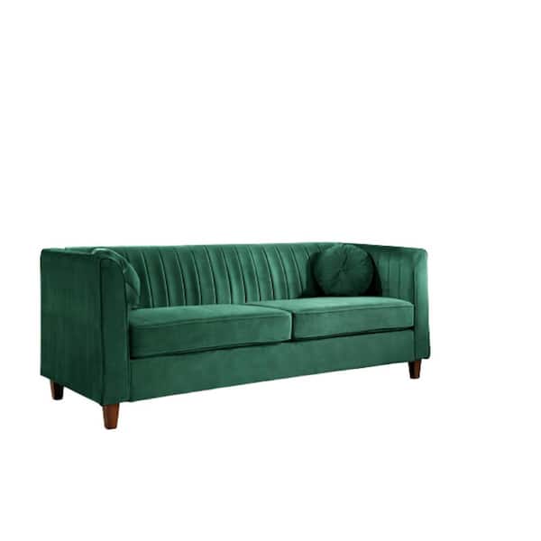 US Pride Furniture Lowery 79.5 in. W Square Arm Velvet 3-Seats Tuxedo Straight Sofa with Square Arms in Green