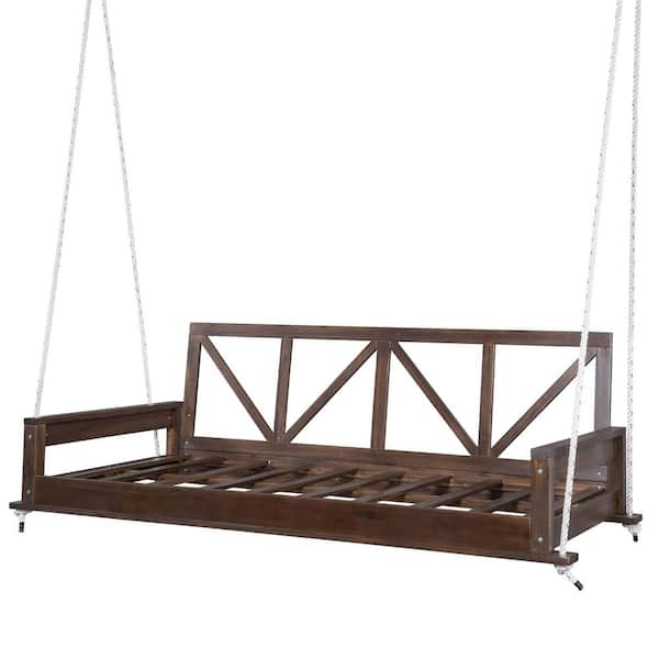 2-Person Acacia Wood Twin Size Porch Swing with 16.4 ft. Hemp Ropes in Brown