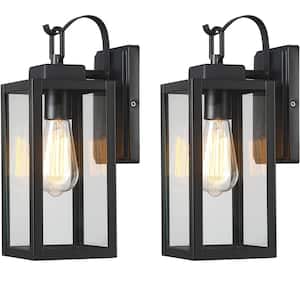 13 in. 1-Light Matte Black Hardwired Outdoor Wall Lantern Modern Sconce with Clear Glass (2-Pack)