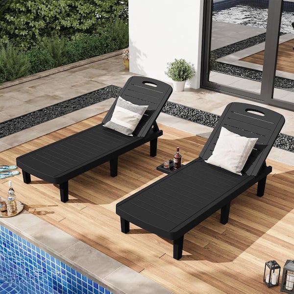 ELPOSUN Black Adjustable Waterproof Oversized Resin Outdoor Patio Chaise Lounge Chair with Cup Holder, Pool, Deck(set of 2)