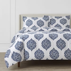Lenora 3-Piece Blue and White Medallion Sateen Full/Queen Comforter Set
