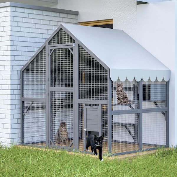 Thanaddo Outdoor Large Wooden Walk-in Cat House Cat Run Enclosure Cat Catio with Enter Door and Roof Cover, Gray