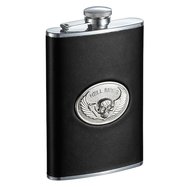 Visol Hell Rider Black Leather with Emblem Liquor Flask