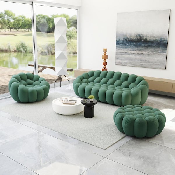 (3-Piece) Bubble Couch, 98.4 in. Green Mesh Fabric Sectional Sofa Set 3-Seater Couch with Chair Ottoman for Meeting Room