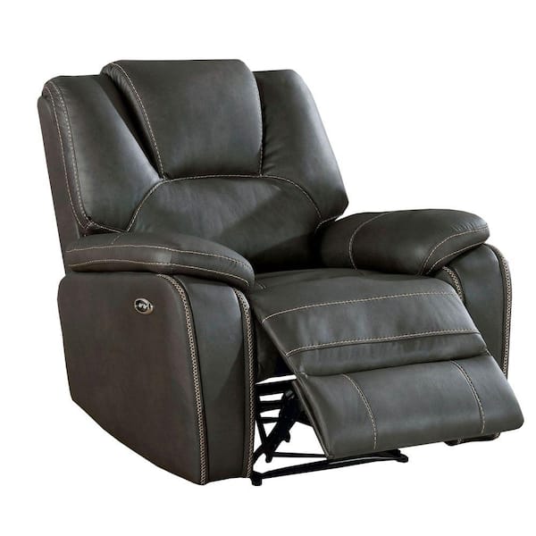 Benjara Gray Leather Power Recliner with Pillow Top Arms