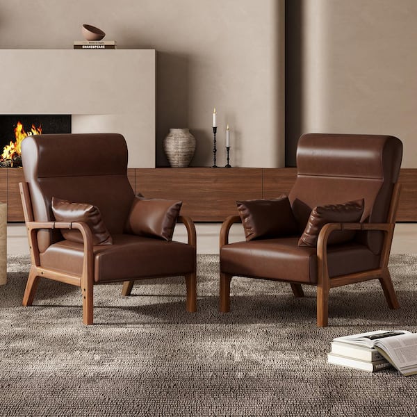Bestier 34.7 in. H Brown Modern Armchair PU Leather Accent Chair with High Back and 2 Armrest Pillows (Set of 2)