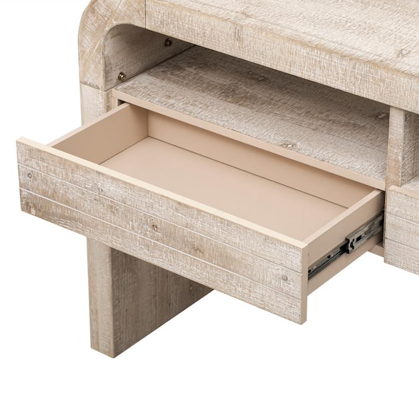 52 in. Natural Wood Console Table with Shelves & Drawers