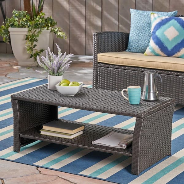 Noble House St. Lucia Brown Rectangular Faux Rattan Outdoor Coffee Table