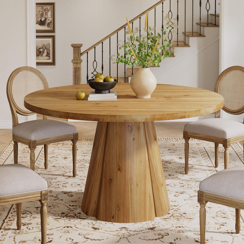 Roesler Farmhouse Round Brown Solid Wood 47.24 in. Pedestal Base Dining Table Kitchen Table Dinner Furniture Seats 6