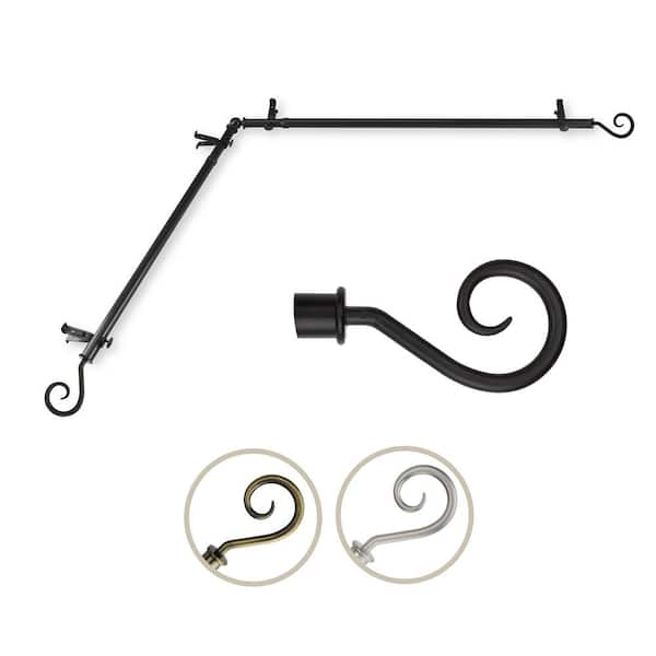 Rod Desyne 13/16" Dia Adjustable 28" to 48" Single Corner Window Curtain Rod in Black with Curl Finials