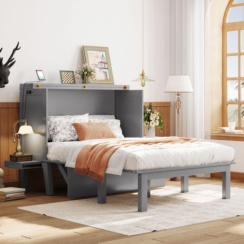 Chasel Multifunctional Gray Wood Frame Full Size Murphy Bed with USB Ports, Storage Shelves, Cabinet with Desk