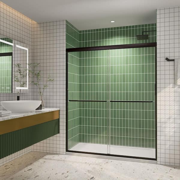 AZDHOME 56-60 in.W x 72 in. H Semi-Frameless Double Sliding Shower Door in Matte Black Finish, 1/4 in.(6mm) Clear Tempered Glass